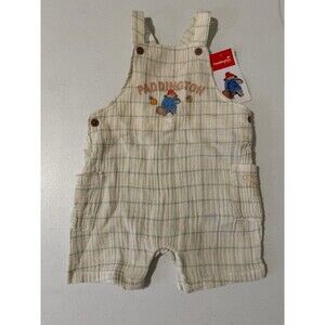 M&S Paddington Bear Baby Dungarees 100% Cotton 9-12M Cream Plaid NWT No Hat